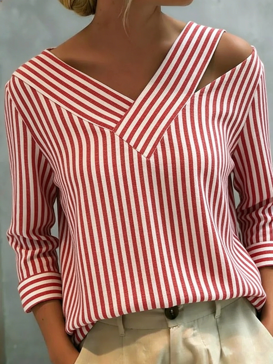 🎁New Arrivals🔥Stylish Off-shoulder Loose-fit Striped Cotton-linen Shirt