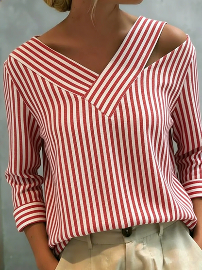 🎁New Arrivals🔥Stylish Off-shoulder Loose-fit Striped Cotton-linen Shirt