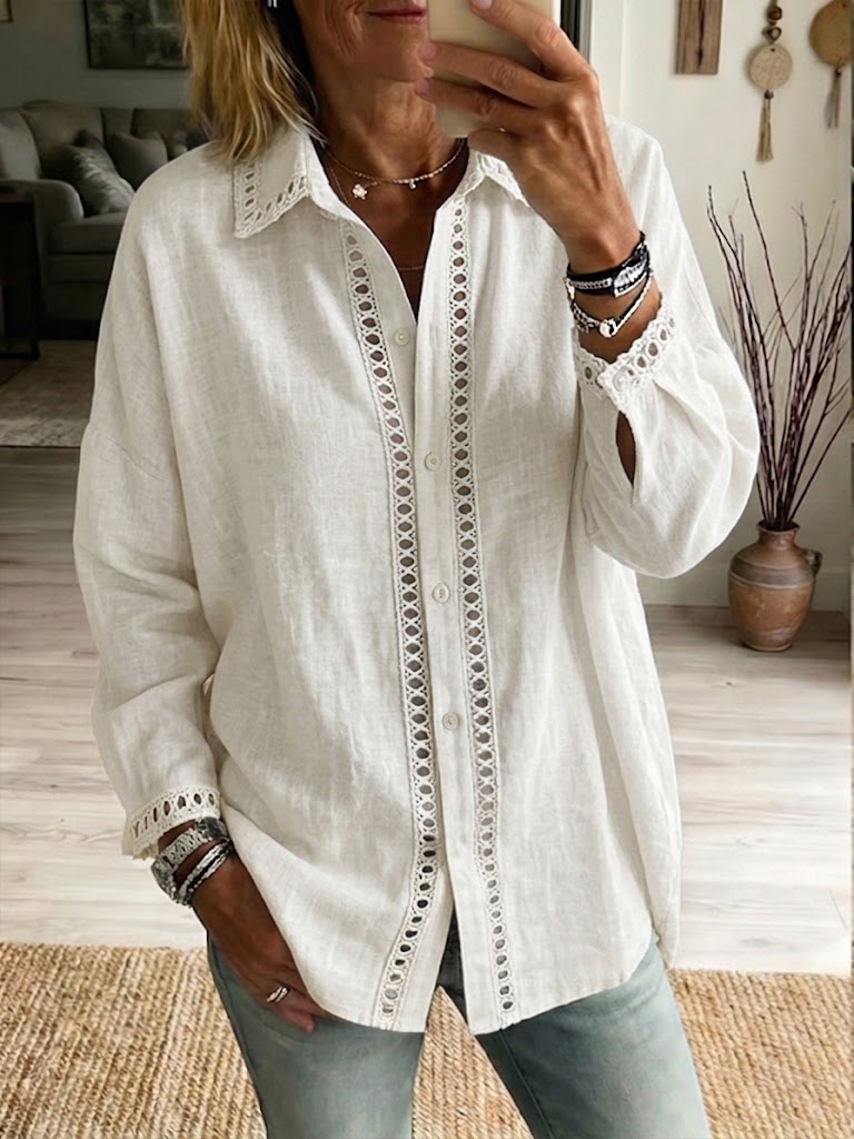 🎁New Arrivals🔥Casual Long-sleeve Linen-cotton Shirt With Spliced cutout Webbing