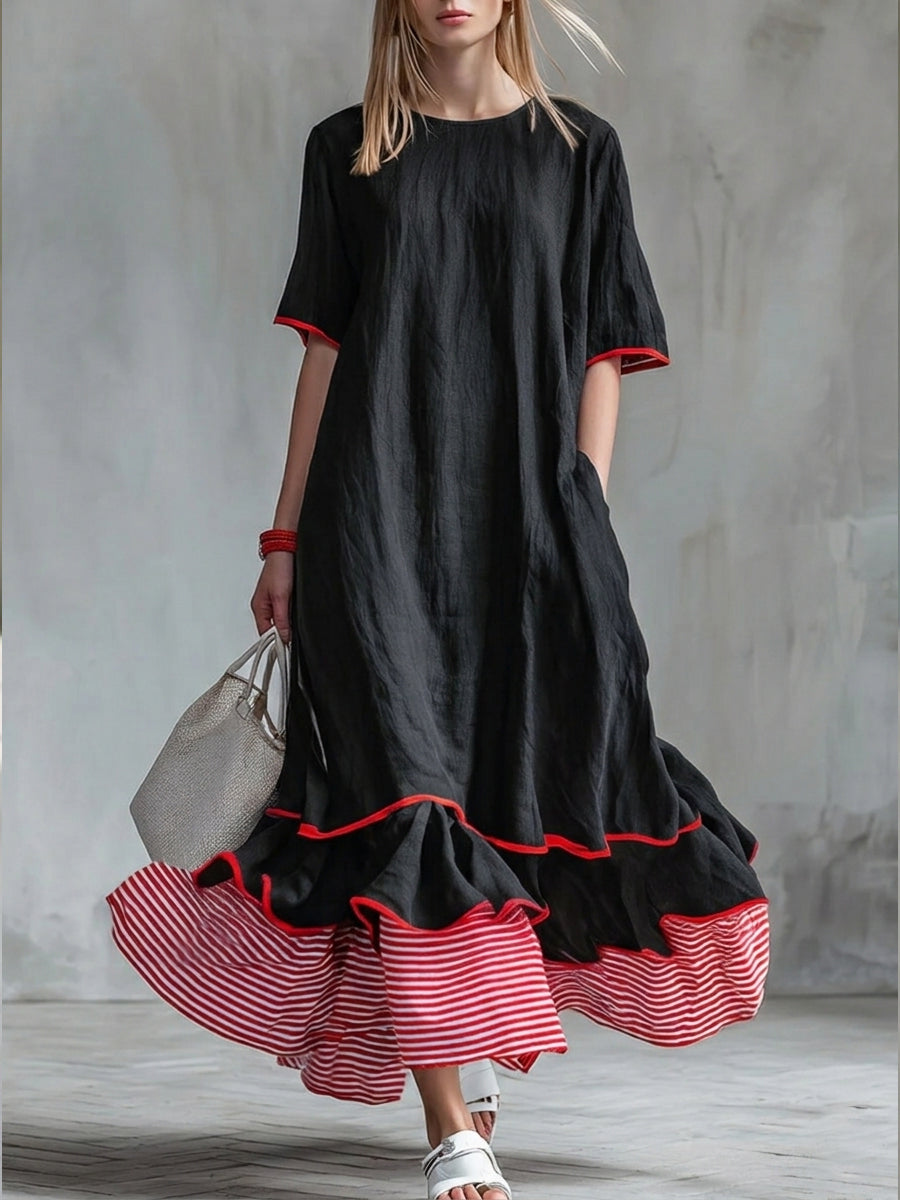 🎁New Arrivals🔥Women’s Patchwork Striped Midi Dress – Casual Red Summer Dress