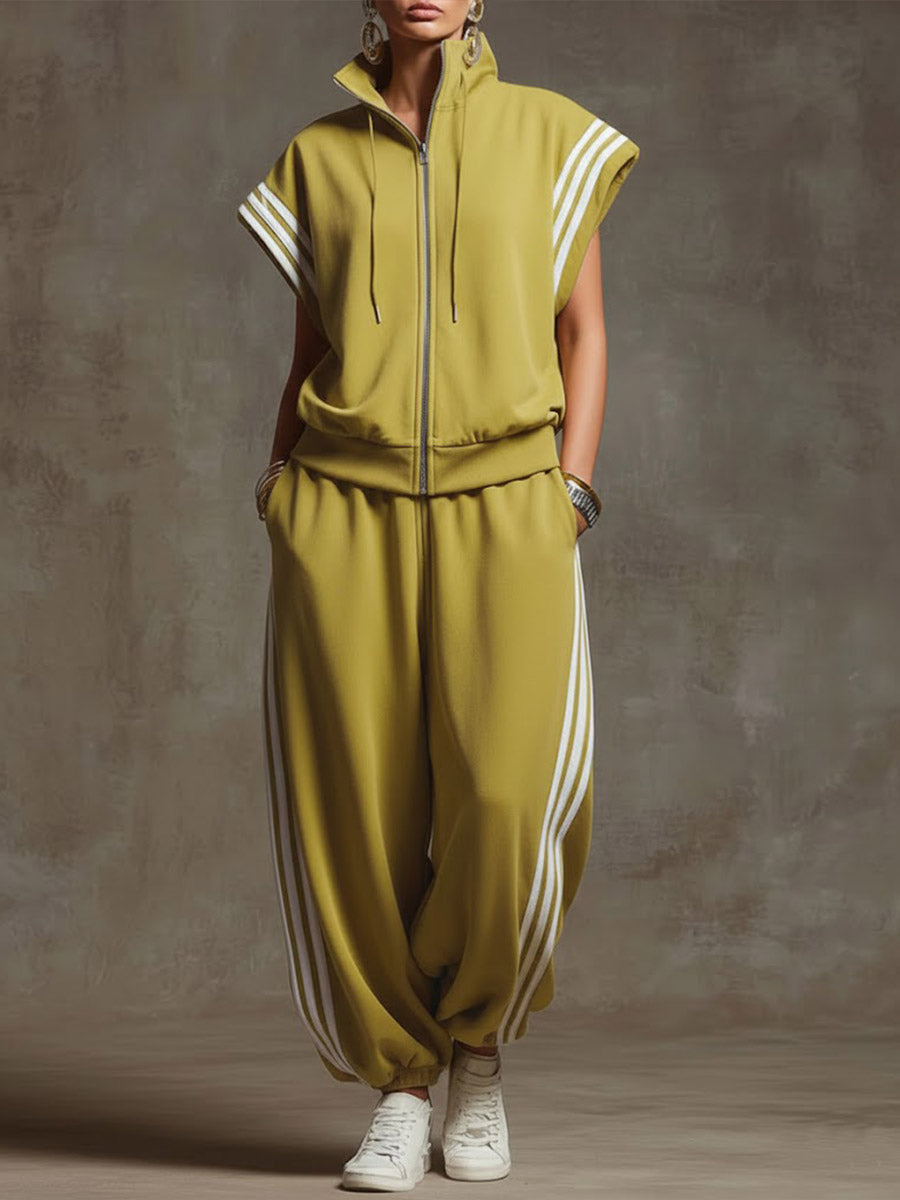 🎁New Arrivals🔥Women's solid-color stand-collar short-sleeve casual cotton top and high-waisted wide-leg cotton pants set.