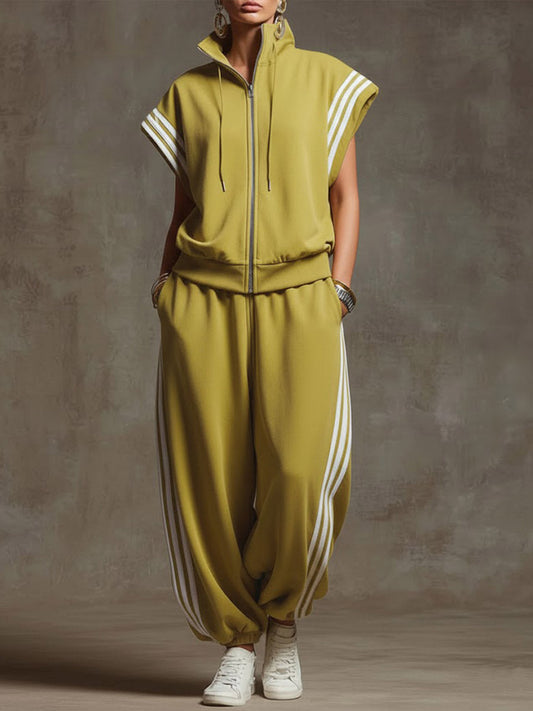 🎁New Arrivals🔥Women's solid-color stand-collar short-sleeve casual cotton top and high-waisted wide-leg cotton pants set.
