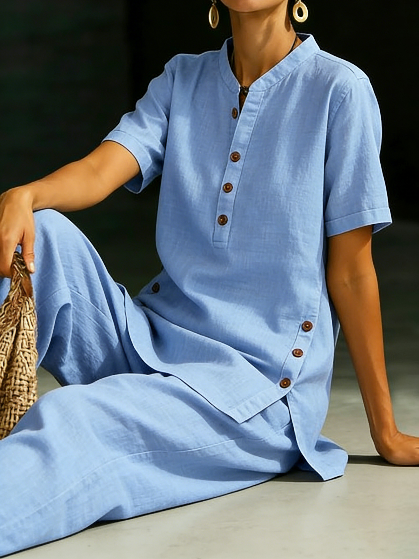 🎁New Arrivals🔥Cozy Casual Button Shirt And Wide-leg Pants Linen Two-piece Set