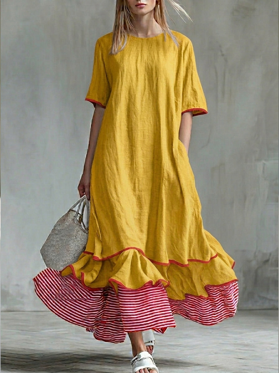 🎁New Arrivals🔥Women’s Patchwork Striped Midi Dress – Casual Red Summer Dress
