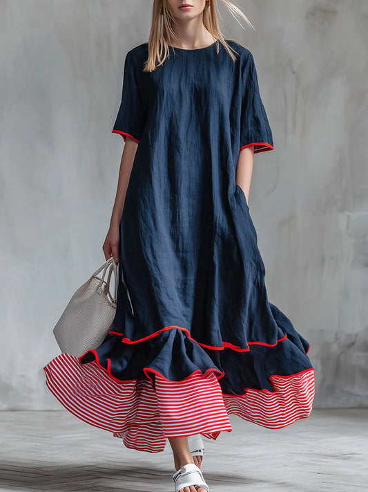🎁New Arrivals🔥Women’s Patchwork Striped Midi Dress – Casual Red Summer Dress