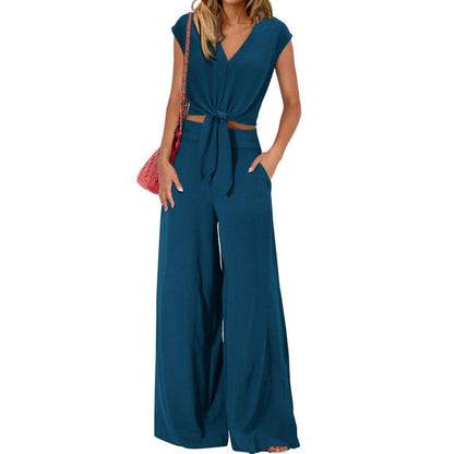 🎁New Arrivals🔥Women's V-Neck Tie-Front Top & Wide-Leg Pants Set