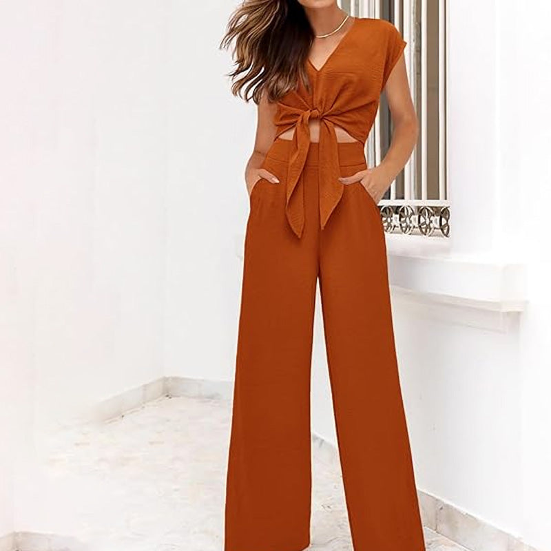 🎁New Arrivals🔥Women's V-Neck Tie-Front Top & Wide-Leg Pants Set