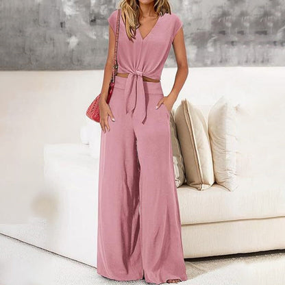 🎁New Arrivals🔥Women's V-Neck Tie-Front Top & Wide-Leg Pants Set