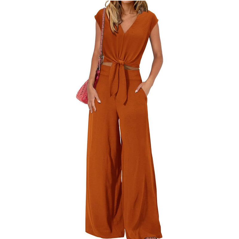 🎁New Arrivals🔥Women's V-Neck Tie-Front Top & Wide-Leg Pants Set